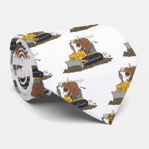 Funny bull driving bulldozer cartoon tie