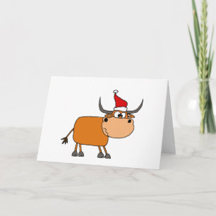 Funny Bull in Santa Hat Christmas Design Holiday Card