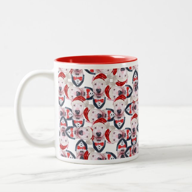 Funny Bull Terrier Christmas Pattern Two-Tone Coffee Mug (Left)