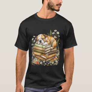 Funny bulldog cottagecore fairycore librarian book T-Shirt