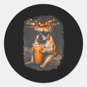Funny bulldog drinking iced coffee animal meme classic round sticker