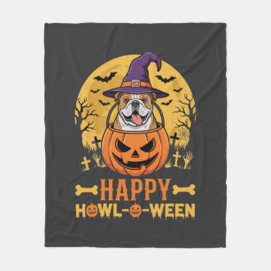 Funny Bulldog Halloween Happy Howl-O-Ween Vintage Fleece Blanket