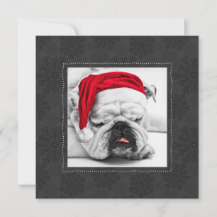 Funny Bulldog in a Santa Hat with Grey Snowflakes Holiday Card