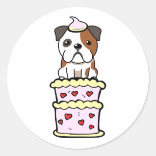 Funny bulldog jumping out of a cake classic round sticker