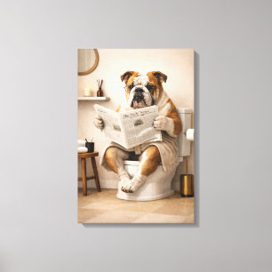 Funny Bulldog Reading Newspaper Bathroom Humor Canvas Print