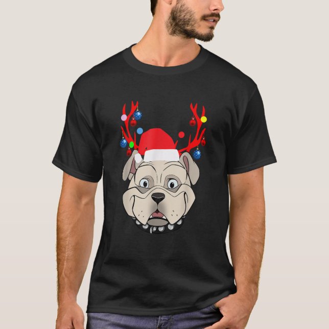 Funny Bulldogs with Antlers Christmas XMAS Print  T-Shirt (Front)