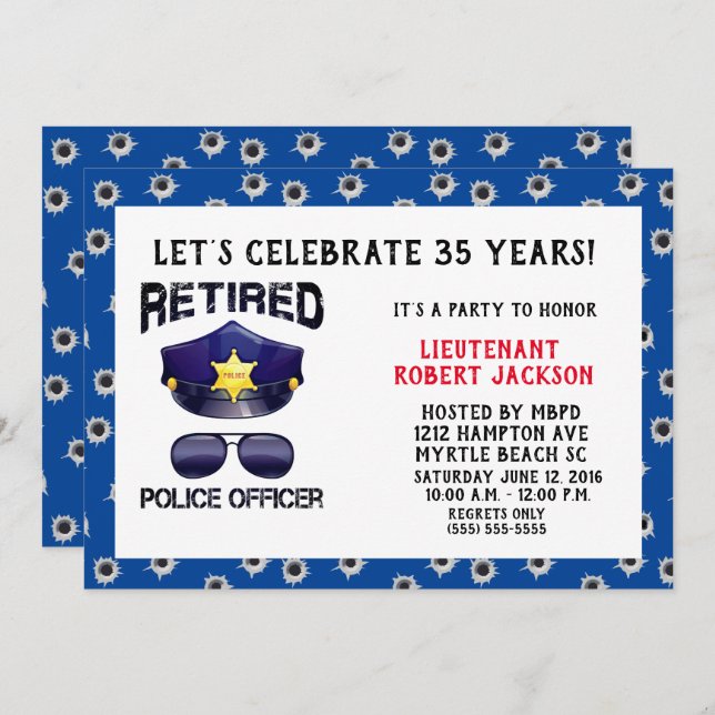 Funny Bullet Hole Police Officer Retirement   Invitation (Front/Back)