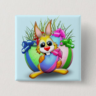 Funny Bunny biting an Easter Egg 15 Cm Square Badge