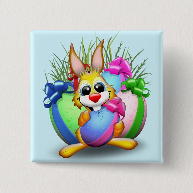Funny Bunny biting an Easter Egg 15 Cm Square Badge (Front)