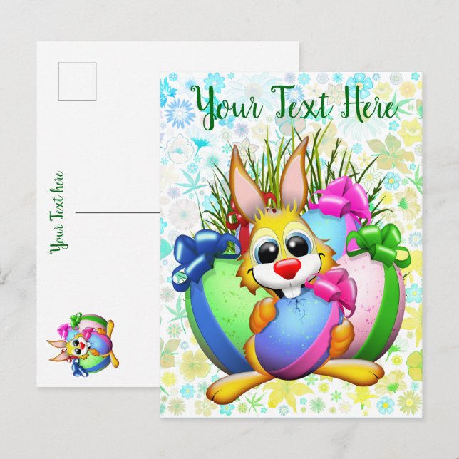 Funny Bunny biting an Easter Egg Announcement Postcard (Front/Back)