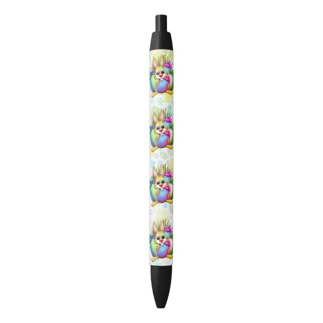 Funny Bunny biting an Easter Egg Black Ink Pen (Front Vertical)