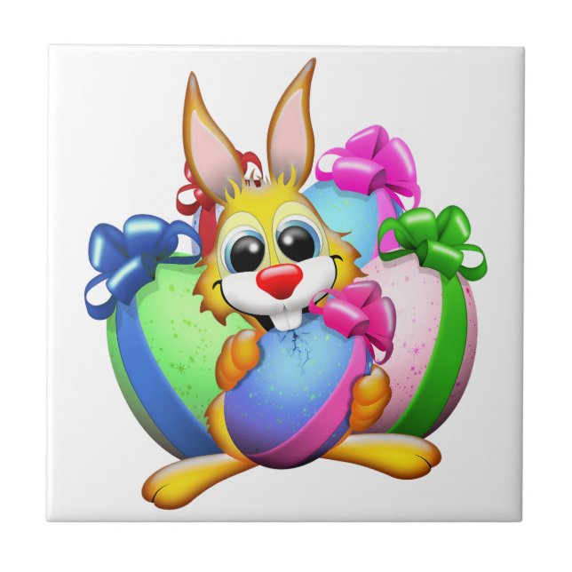 Funny Bunny biting an Easter Egg Ceramic Tile (Front)
