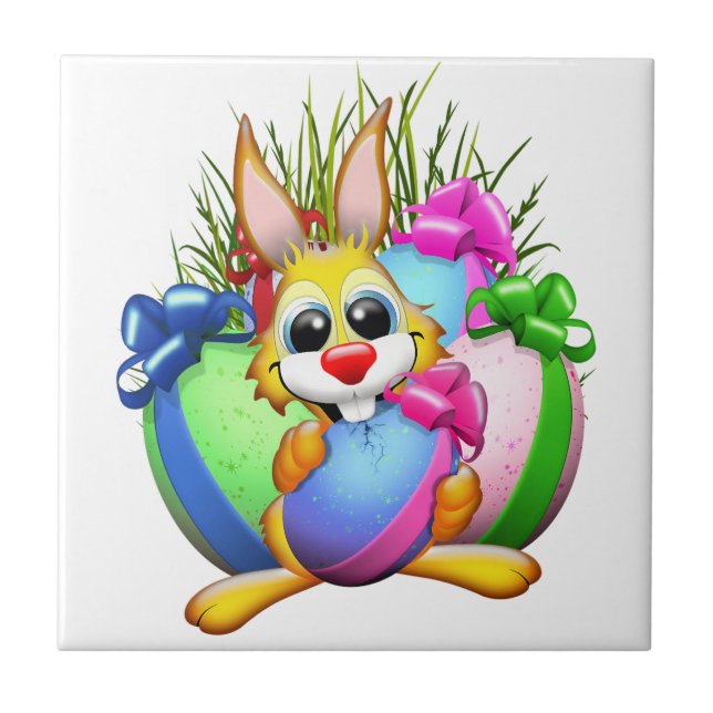 Funny Bunny biting an Easter Egg Ceramic Tile (Front)
