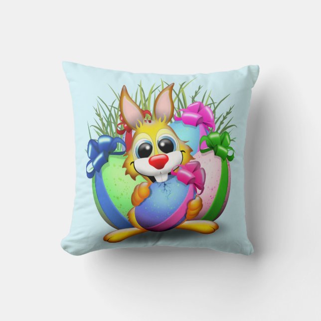 Funny Bunny biting an Easter Egg Cushion (Front)