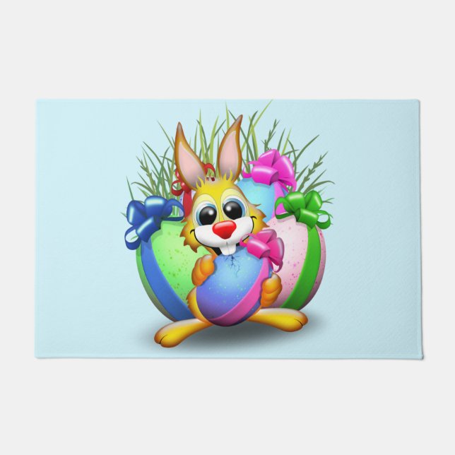 Funny Bunny biting an Easter Egg Doormat (Front)