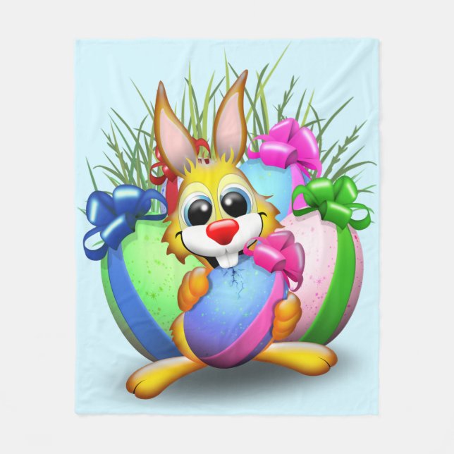 Funny Bunny biting an Easter Egg Fleece Blanket (Front)