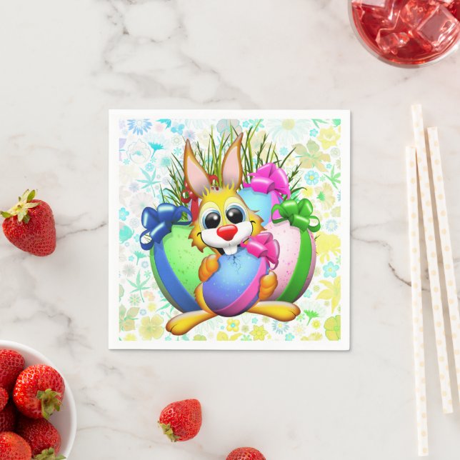 Funny Bunny biting an Easter Egg Napkin (Insitu)
