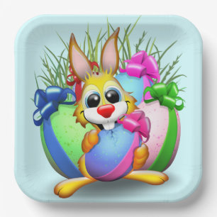 Funny Bunny biting an Easter Egg Paper Plate