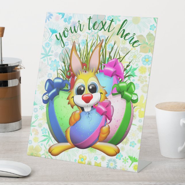 Funny Bunny biting an Easter Egg Pedestal Sign (In SItu)