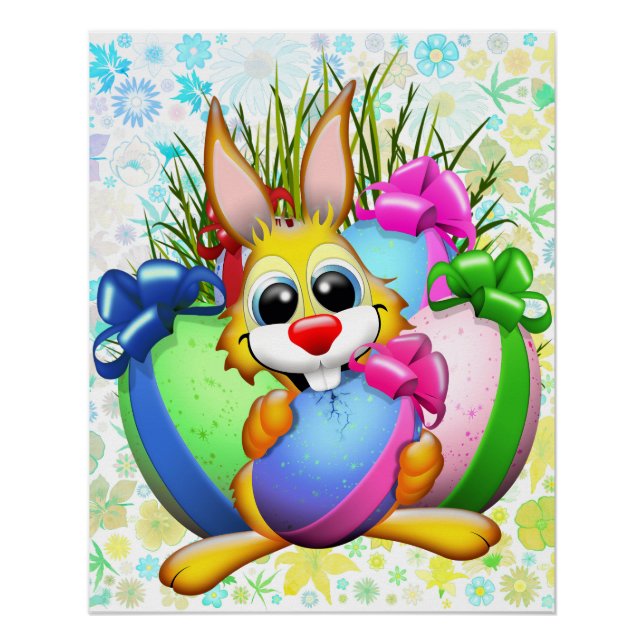 Funny Bunny biting an Easter Egg Poster (Front)