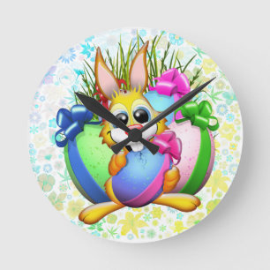 Funny Bunny biting an Easter Egg Round Clock