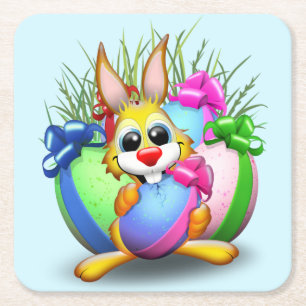 Funny Bunny biting an Easter Egg Square Paper Coaster