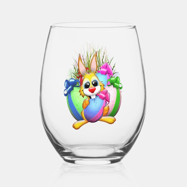 Funny Bunny biting an Easter Egg Stemless Wine Glass (Front)