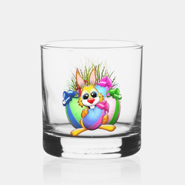 Funny Bunny biting an Easter Egg Whiskey Glass (Front)