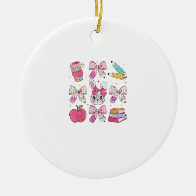 Funny Bunny Coquette Bow Rabbit Teacher Easter Ret Ceramic Ornament (Front)