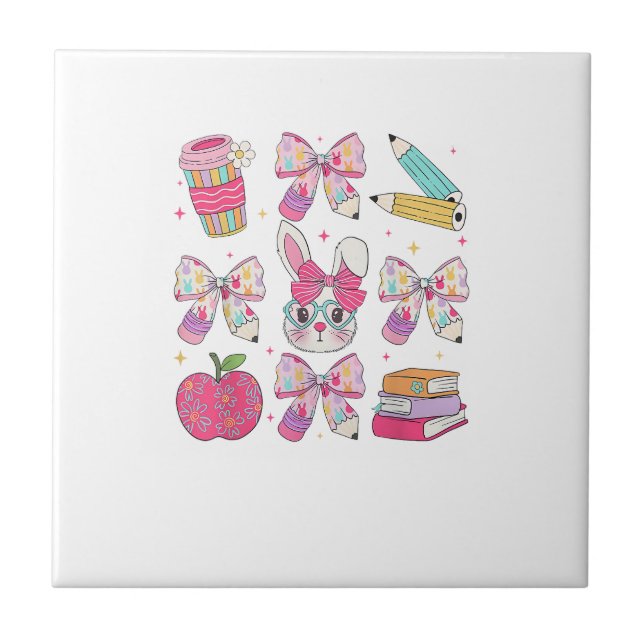 Funny Bunny Coquette Bow Rabbit Teacher Easter Ret Ceramic Tile (Front)