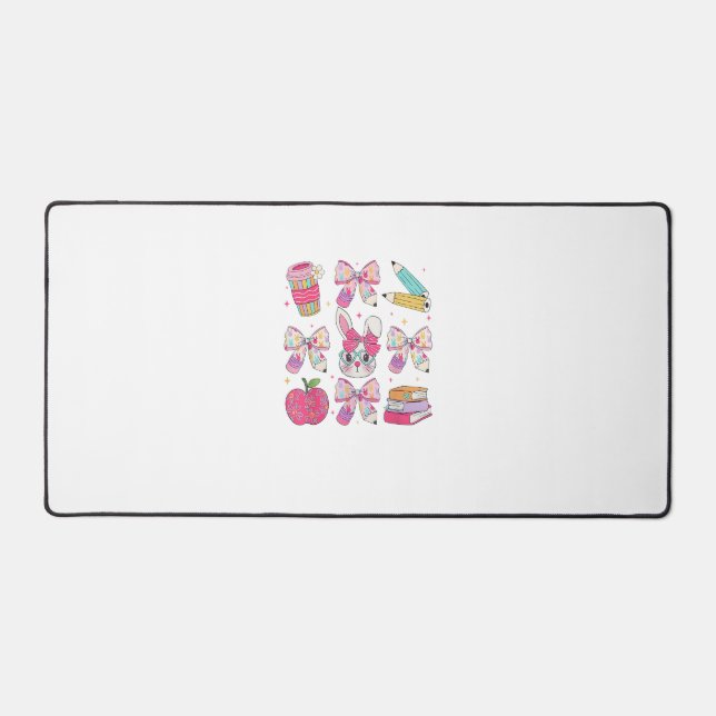 Funny Bunny Coquette Bow Rabbit Teacher Easter Ret Desk Mat (Front)