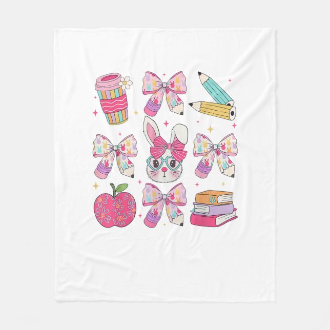 Funny Bunny Coquette Bow Rabbit Teacher Easter Ret Fleece Blanket (Front)