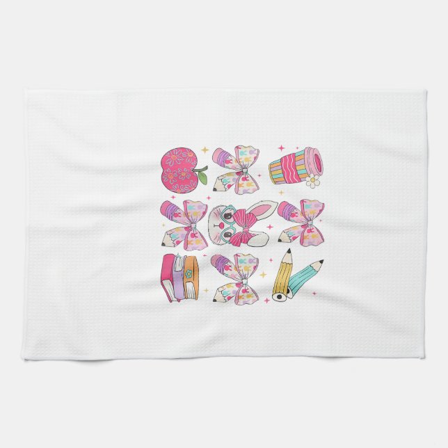 Funny Bunny Coquette Bow Rabbit Teacher Easter Ret Tea Towel (Horizontal)