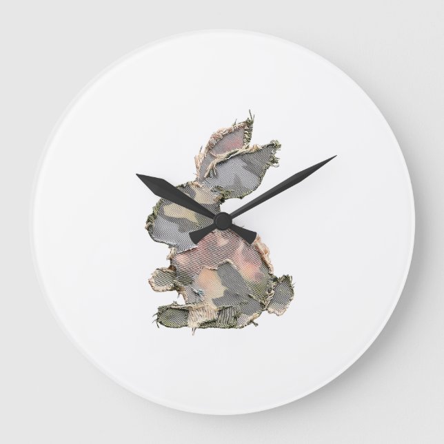 Funny Bunny Crochet Patchwork Camo Rabbit Happy Ea Large Clock (Front)