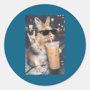 Funny bunny drinking iced coffee funny easter day  classic round sticker