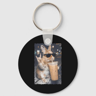 Funny bunny drinking iced coffee funny easter day key ring