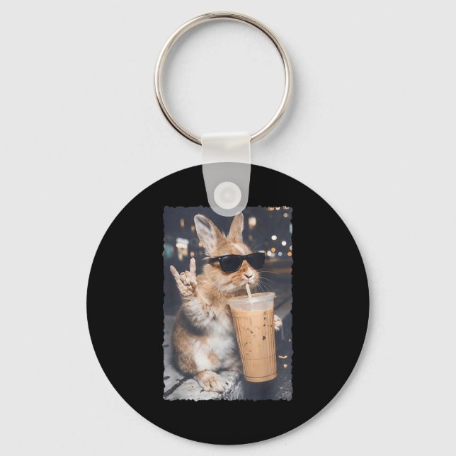 Funny bunny drinking iced coffee funny easter day  key ring (Front)