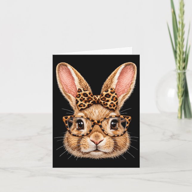 Funny bunny face glasses bandanna leopard bow happ card (Front)