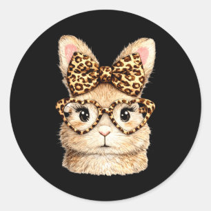 Funny bunny face glasses bandanna leopard rabbit classic round sticker