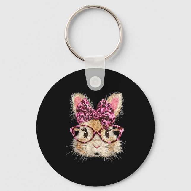 Funny bunny face glasses bandanna leopard rabbit key ring (Front)