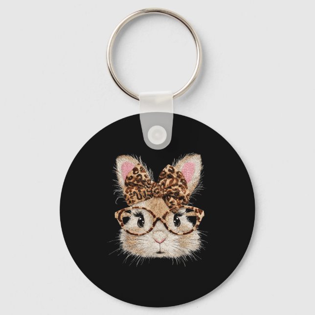 Funny bunny face glasses bandanna leopard rabbit key ring (Front)