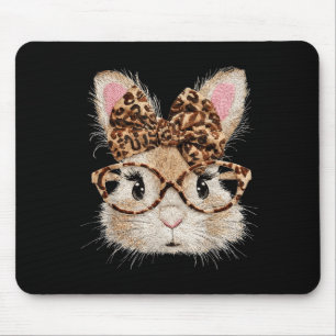 Funny bunny face glasses bandanna leopard rabbit mouse pad