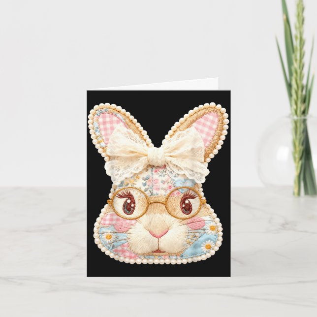Funny bunny face glasses floral patchwork rabbit card (Front)