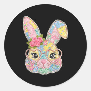 Funny bunny face glasses floral patchwork rabbit classic round sticker