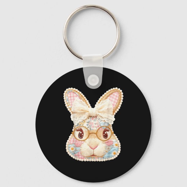 Funny bunny face glasses floral patchwork rabbit key ring (Front)