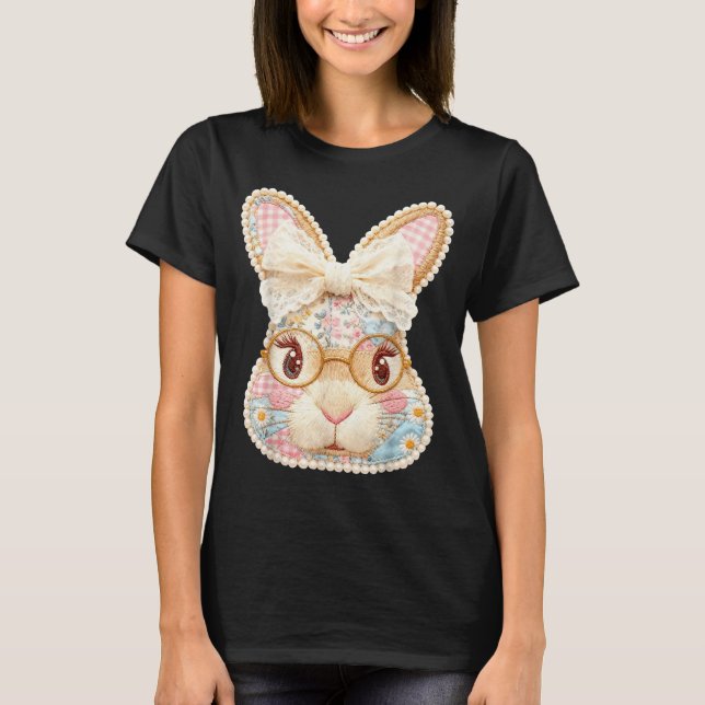 Funny bunny face glasses floral patchwork rabbit T-Shirt (Front)