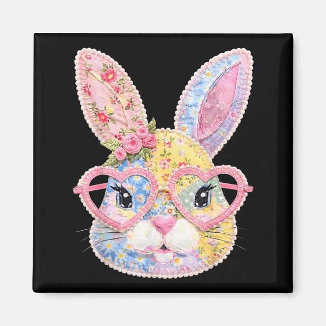 Funny Bunny Face Gles Floral Patchwork Rabbit East Magnet (Front)
