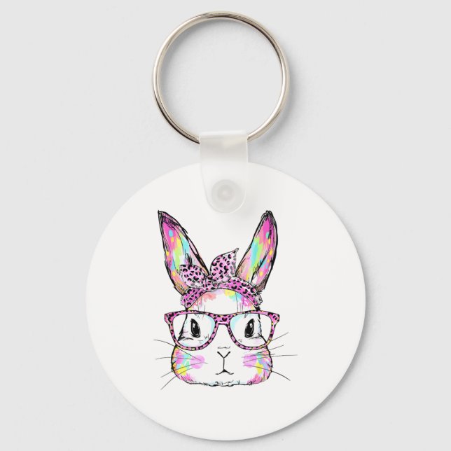 Funny Bunny Face Gles Rabbit Coquette Bow Happy Ea Key Ring (Front)
