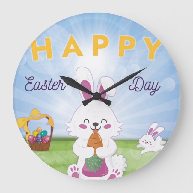 Funny Bunny Happy Easter Day Large Clock (Front)