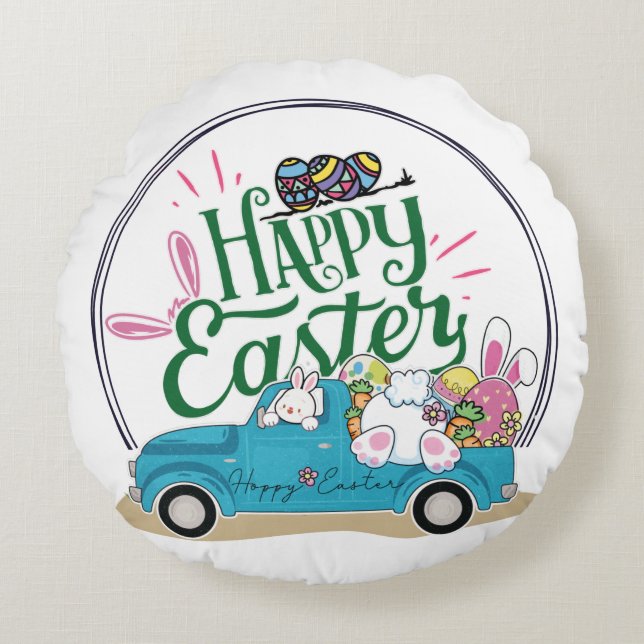 Funny Bunny Happy Easter Day Round Cushion (Front)